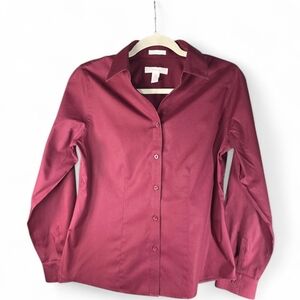 Chico's Burgundy Button Up Shirt Size Small 100% Cotton, Pleated Front & Back